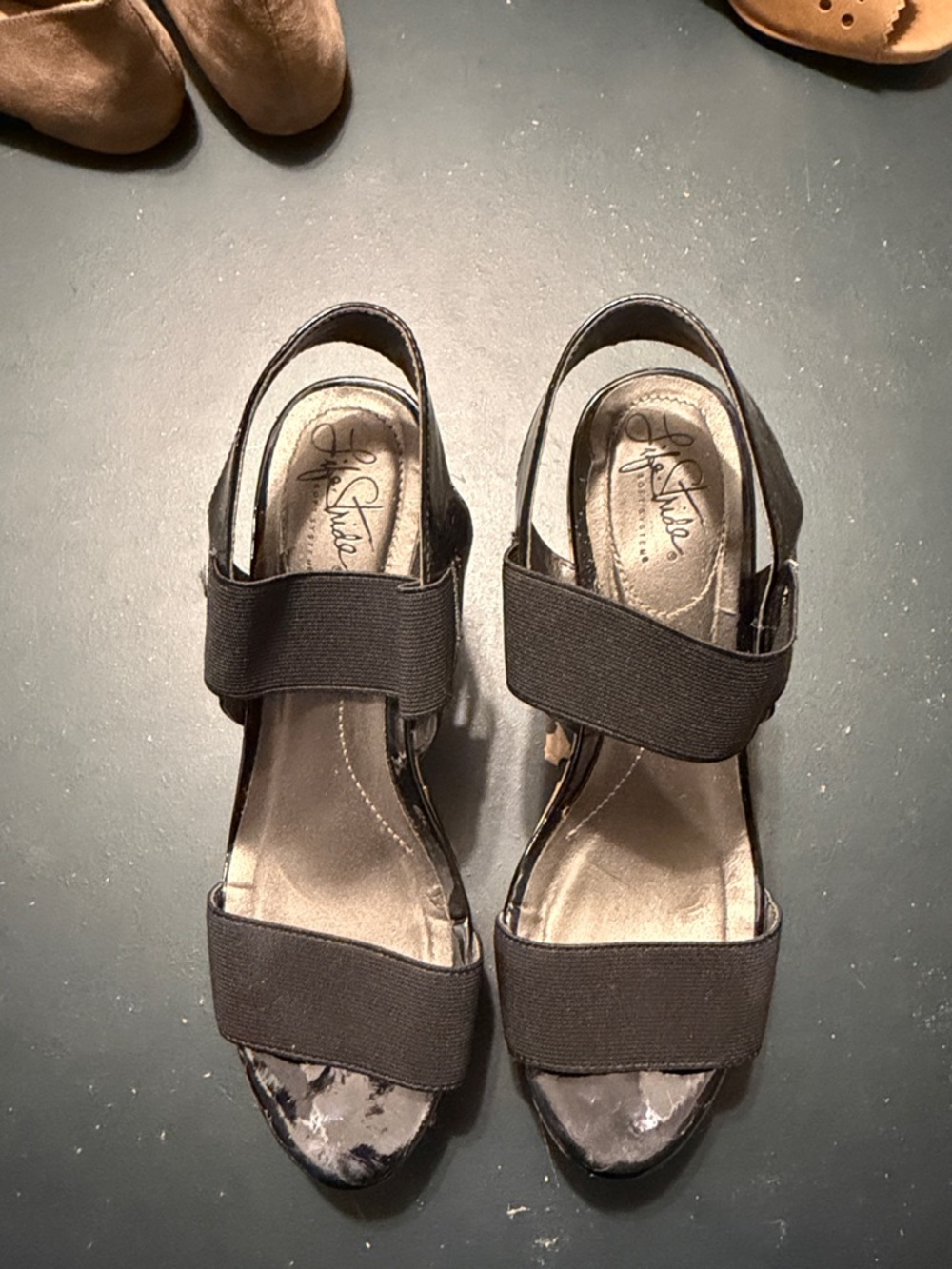 Life Stride Black Elastic Strap Wedge Sandals